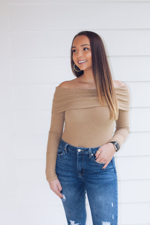 Kara Off Shoulder Sweater- Khaki