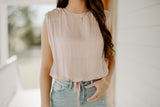 On The Go Satin Padded Shoulder Top- Blush