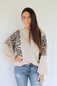 Animal Print Puff Top- Beige