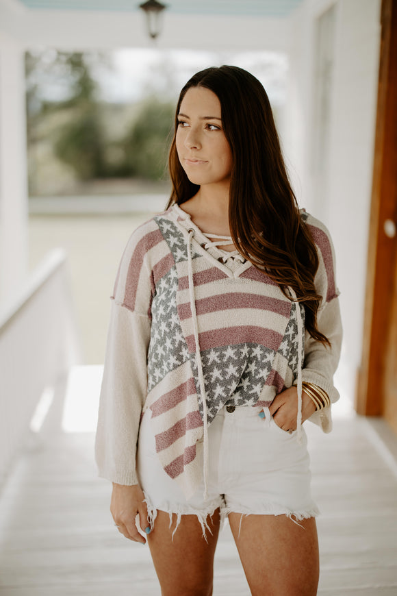 American Flag Lace Up Sweater