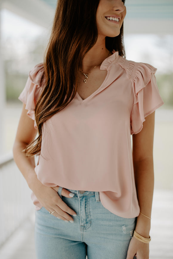 Double Flutter Sleeve Blouse- Blush